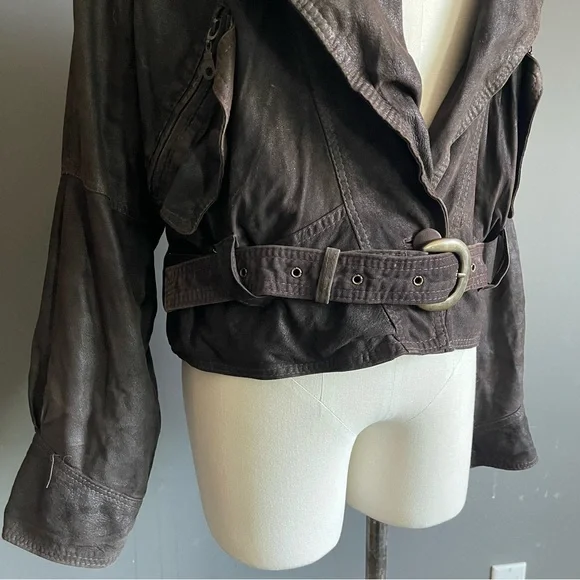 Vintage Lamb Leather Draped Jacket Belted Brown Cropped Moto Oversized Biker - Picture 3 of 10
